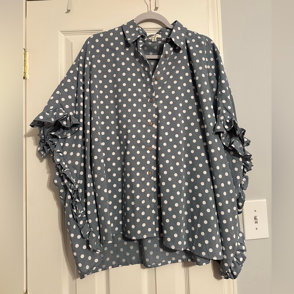 Easel Blue Polka Dot Ruffle Sleeve Button-Up Blouse